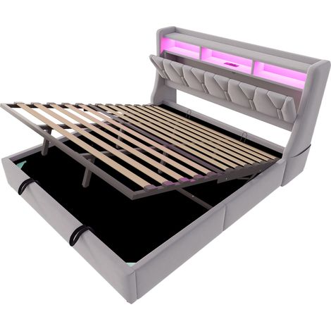 Letto contenitore capitonné 180 x 200 cm in velluto grigio chiaro con LED, presa e vani (1/5)