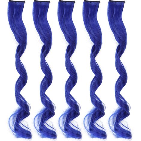 Mèche Bouclée Longue 5 Pièces Extensions de Cheveux pour Femmes Filles avec Clip, Mèche Colorée Reflets Bleus (1/5)