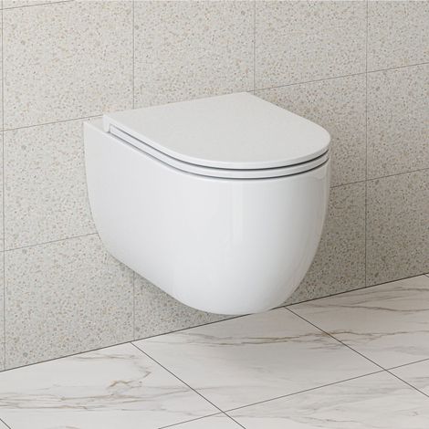 Cuvette WC suspendue sans bride, toilettes suspendues (avec abattant), toilettes monotrou à chasse d'eau super-spin, nano-revêtu, 54×36×35,5cm