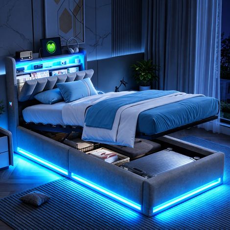 JOOKGBD-Polsterbett Einzelbett 90x200cm,Hydraulisches Bett mit Bettkasten und Lattenrost,Jugendbett,Staufach-Kopfteil mit LED und USB Ladestation, Stauraumbett Funktionsbett,Samt,Ohne Matratze,Grau (1/5)