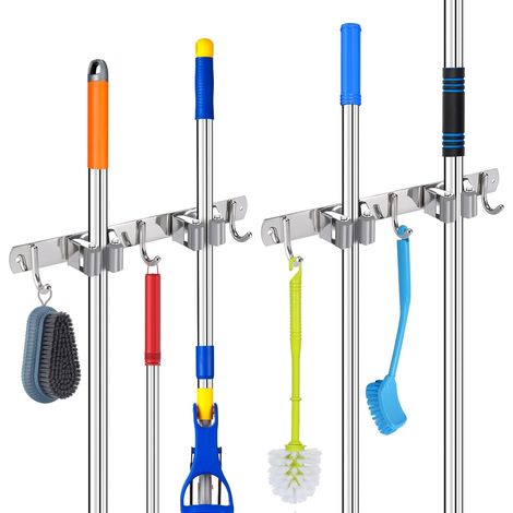 2 PCS Porte Balai Mural en Acier Inoxydable, Accroche Balais Mural avec 3 Supports et 2 Crochets pour la Salle de Bain, Range Balai Mural(argenté) (1/5)