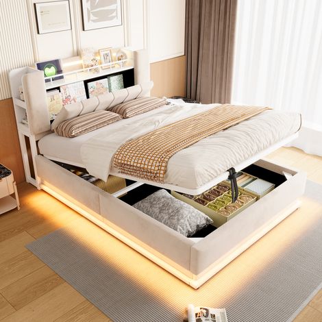 Lit coffre rembourré 2 places 140x200 cm, sommier relevable hydraulique, tête de lit avec rangement, éclairage LED, USB, velours beige, cadre en métal (1/5)