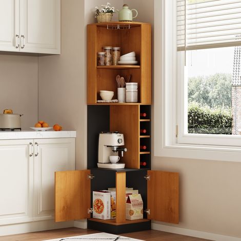 Meuble à vin d'angle 40×40×182cm avec casier à verres, système de rangement d'angle haut pour la cuisine, avec casier à bouteilles et portes, autoportant, comptoir bar peu encombrant, convient pour la (1/5)