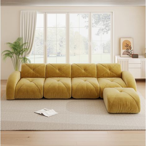 Modulares Ecksofa 358x171x76 cm gelb Chenille rahmenlos mit Hocker und rutschfester Unterseite (1/5)