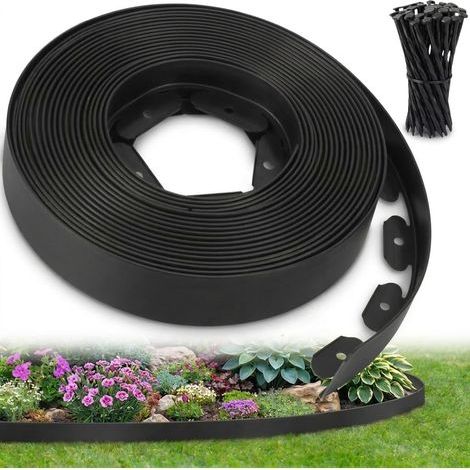 10 Meter flexible Gartenrandleiste für den Außenbereich, strapazierfähige 15 cm hohe Gartenrandleiste aus Kunststoff für Rasenflächen und Wege, mit 30 Bodenankern (Schwarz, 10 Meter). (1/5)