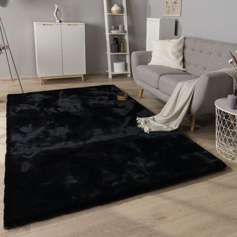 Paco Home Tappeto Salotto Pelo Lungo Shaggy Imitazione Finta Pelliccia Di Coniglio Soffice Nero, Ø 160 cm tondo