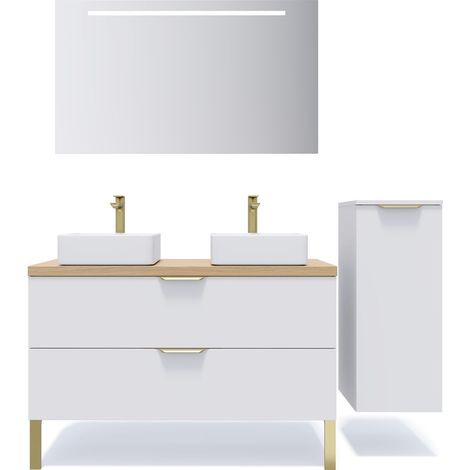 Meuble de salle de bain suspendu 2 vasques à poser 120cm 2 tiroirs Blanc + miroir + colonne ouverture droite - Venice (1/5)