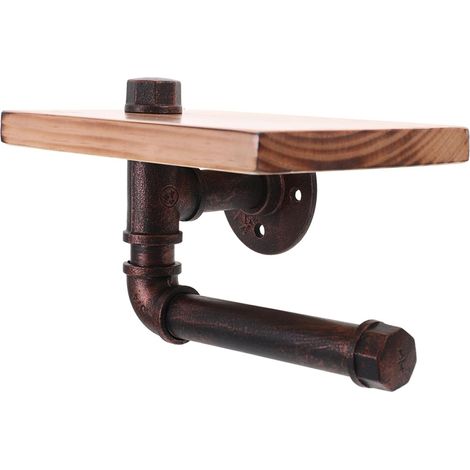 Rustikaler Toilettenpapierhalter aus Rohr mit Ablage, Wandhalterung aus Holz im industriellen Landhausstil für das Badezimmer (Bronze)
