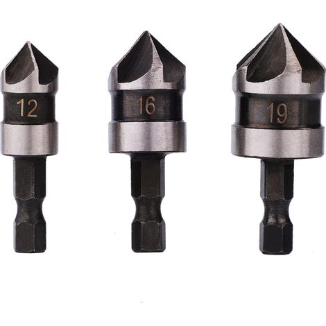 Brocas avellanadoras de 90°, vástago hexagonal de 6,35 mm (1/4 de pulgada), cambio rápido, para madera y metal, biselado, juego de 3 (1/5)