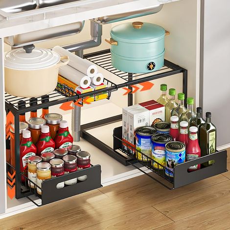 Rangement Sous Evier, Extensible Organisateur à 2 Niveaux en Métal, Hauteur Réglable Coulissant Tiroir Étagères pour Placard Meuble Cuisine Salle Bain (Noir, A-Style) (1/5)