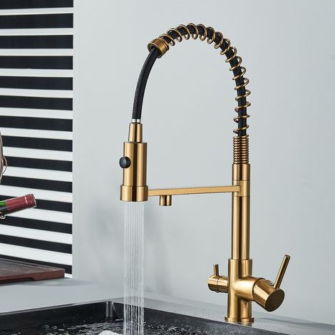 Mitigeur de Cuisine doré brossé à 3 voies, Robinet de Cuisine Flexible, Robinet d'Évier d'Eau Potable Réglable à 360° (Double Poignée), Corps en Laiton (1/5)