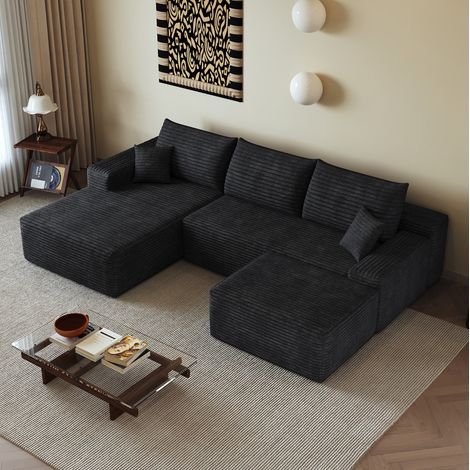 Divano angolare modulare 270 cm nero in tessuto con chaise longue reversibile e senza montaggio (1/5)