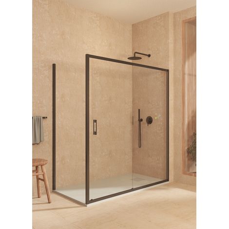 Duschabtrennung frontal + seitliches Festteil, mit unteres Profil, 6mm Sicherheitsglas Antikalk, 170-174cm x Seitenwand 77,5-80cm, H=195cm, Schwarz