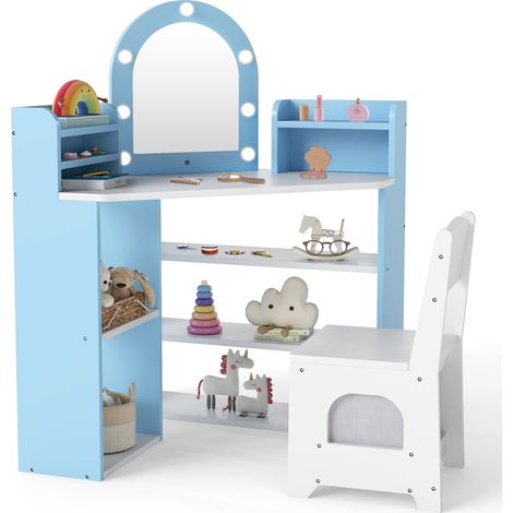 COSTWAY Corner Kids Vanity Princess Vanity Table & Chair Set with Lights-White (1/5)