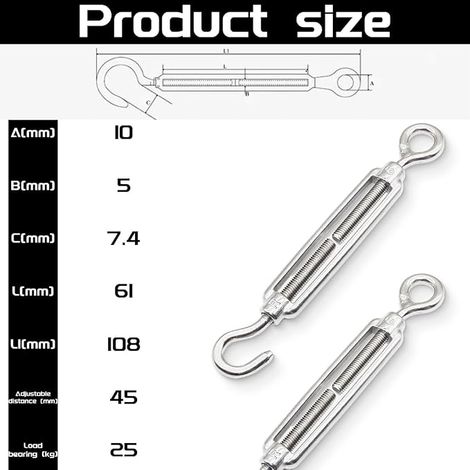 Acier Inoxydable 304 ridoirs M4 Oeil ridoir câble Tension Hook Eye Tendeur de Corde (1/4)