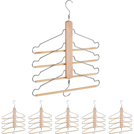 Set of 6 Relaxdays Multi Clothes Hanger, Holder with 4 Flexible Coat Hangers, Organiser, Metal Hooks, Wood, Natural