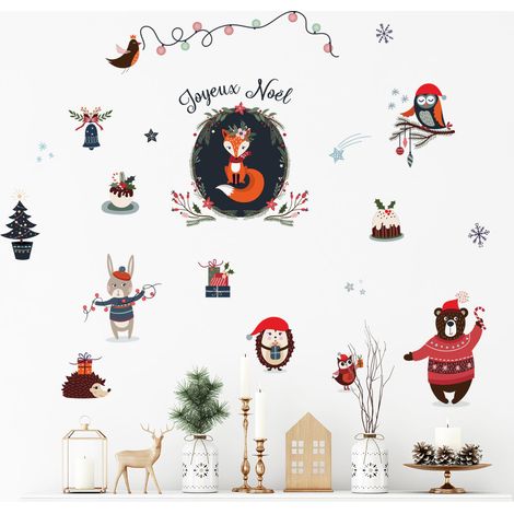 Stickers enfant noël les animaux font la fête - Autocollants stickers adhésifs noël - décoration fêtes - 110x140cm (1/5)