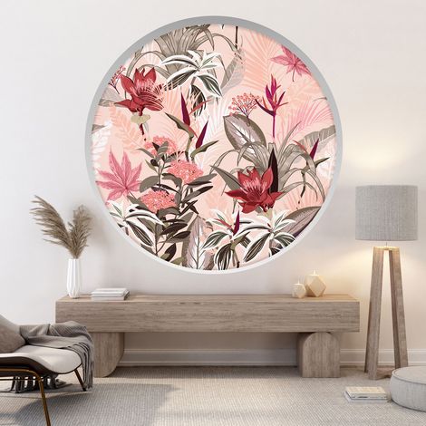 Stickers Trompe l'oeil Arche ronde - Fleurs tropicales - Diamètre 30 cm (1/4)