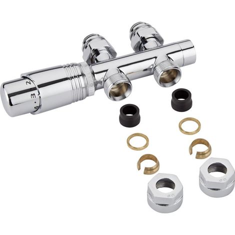 Milano 3/4" Male Thread H Block Straight Valve and TRV Thermostatic Radiator Valve with 15mm Copper Adapters - Chrome (1/3)