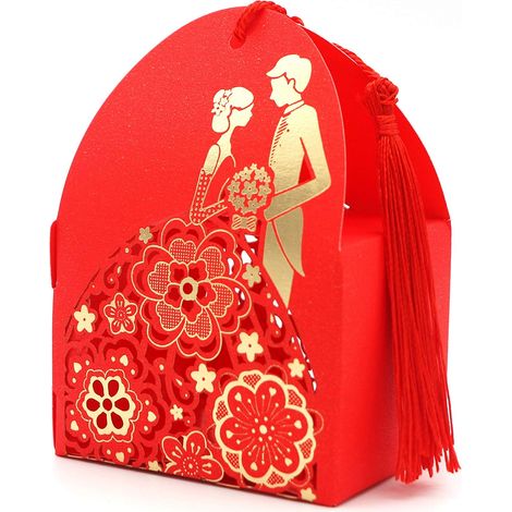 Lot de 25 boîtes à dragées + 25 glands, idéales comme bonbons élégants pour mariage, fiançailles, remerciements ou décoration de table (rouge et doré) (1/5)