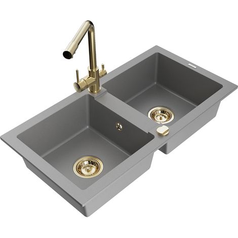 Mexen Mario 2-Becken-Granitspüle mit Mischbatterie Duero, Grau - 6504-71-671600-50 (1/5)