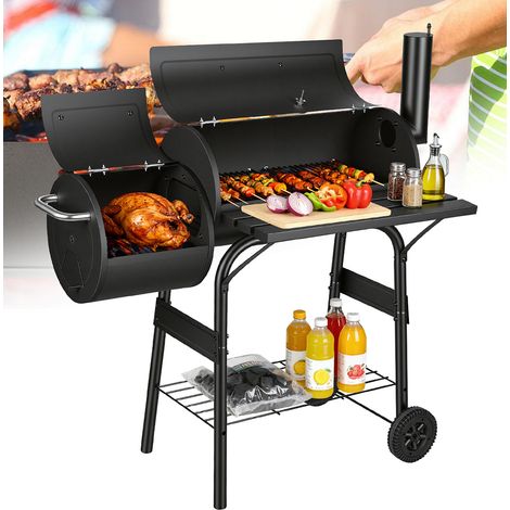 TolleTour Barbacoa de carbón negra, estación de parrilla con ruedas y 2 cámaras, carro BBQ exterior con 2 ruedas e indicador de temperatura