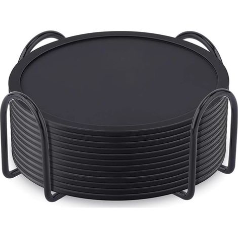 Lot de 12 sous-verres en silicone, pour boissons chaudes et froides, porte-gobelet, noir (1/5)