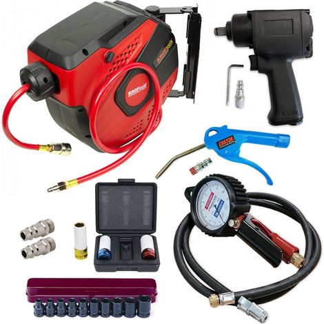 Kit pneumatico con manometro, avvolgitubo, chiave a percussione, 19 pezzi