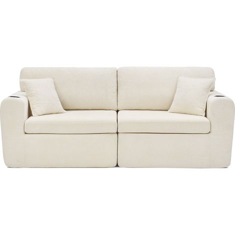 Divano relax 2 posti in ciniglia beige per piccoli spazi con cuscini e portabicchieri (1/5)
