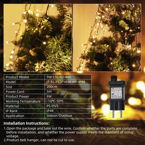 2m 400 LED guirlandes lumineuses de sapin de Noël, guirlande LED extérieure étanche décoration de sapin de Noël guirlandes lumineuses blanc chaud (1/4)
