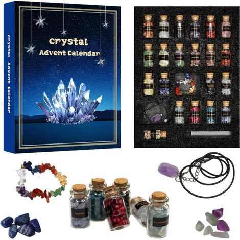 Calendrier de l'Avent en cristal 2025 - Compte à rebours de Noël de 24 jours avec éclats de pierres précieuses aux vertus curatives naturelles, flacons et ensemble de bijoux, cadeau pour adultes et pa (1/5)