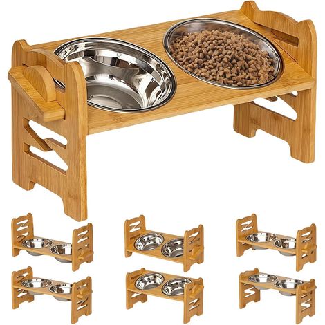 1 - Gamelle Surélevée - Mangeoire Chien - 4 Hauteurs Réglables - Bois Et Acier Inoxydable - Pour Chiens Moyens Et Grands - Naturel - 60x30x45cm (1/5)