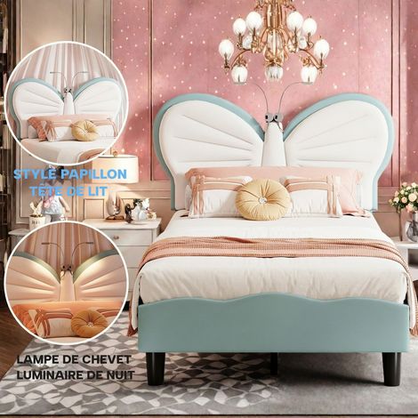 Lit enfant 90x200 cm avec sommier, lit simple en velours bleu, tête de lit papillon réglable en hauteur avec LED de lecture, lit fille pour Chambre d'Enfant (1/5)