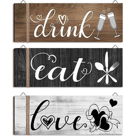 Déco murale en bois 3 pièces, panneau suspendu art mural rustique pour cuisine, salle à manger, restaurant et maison (1/5)