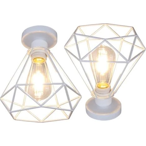 2PCS Retro Plafonnier en Cage Métal Blanc Lustre Plafonnier Industrielle Style Edison pour Salon Chambre (1/4)
