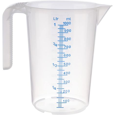 APS Misurino da 1 litro, diametro 12 x altezza 16,5 cm, bicchiere in plastica con scala esterna in rilievo, manico aperto, graduazione L/ml, lavabile in lavastoviglie (1/2)