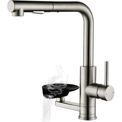 Robinet de Cuisine Lave-Verres, Robinet Cuisine 360° Rotatif Extensible, Miscelateur Monomandrin Double jet, Acier inoxydable 304 brossé, Pour évier Cuisine