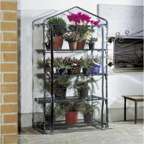 Serra da terrazza balcone da 3 o 4 ripiani con struttura in acciaio e copertura in PVC 65 gr Brixo - 4 ripiani L69xP49X160 cm