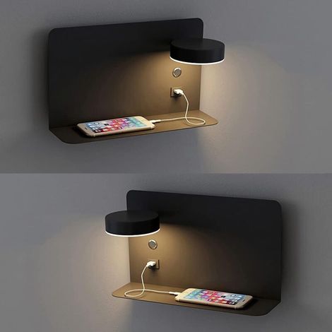 12W Adjustable LED Wall Light with USB Charging, 3 Color Temperatures, 330° Rotation, Modern Wall Lamp with Indoor Switch, Black, Reading Lamps, 2 Pack [Energy Class]