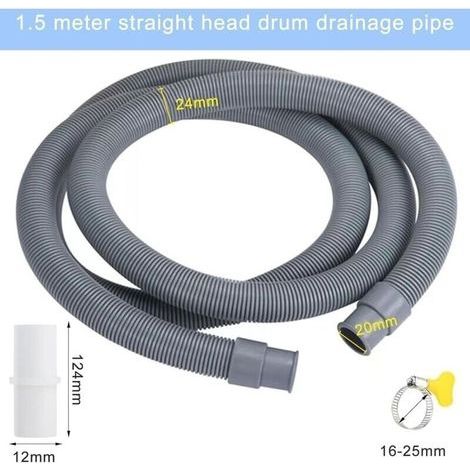 1,5 m x 20 mm Waschmaschinen-Ablaufschlauch, Universal-Ablaufschlauch mit Halterung und Schlauchschellen, Verlängerungs-Ablaufschlauch für Waschmaschinen und Geschirrspüler, Grau (1/4)