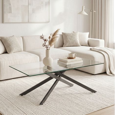 Table basse rectangulaire en verre trempé, pieds métal noirs, 100 x 60 x 46 cm, REDOM (1/5)