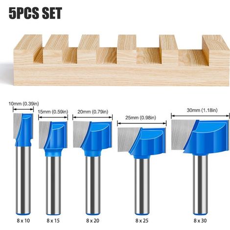 5 Pcs Fraise Defonceuse Bois 8mm Kit, Fraise Defonceuse Droite, Long Stright Router Bit 10+15+20+25+30mm, pour Travail du Bois, Couper, Tailler le Bois (1/4)
