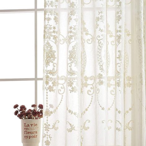 Lot de 2 rideaux européens classiques pour salon et chambre à coucher avec passe-tringle, transparents, rideaux de fenêtre brodés, blanc, 137 x 183 cm (L x H) (1/5)