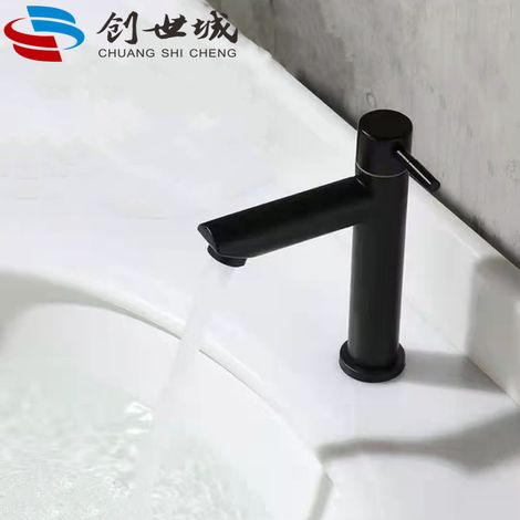 Cross-border trade single cold water faucet, 304 stainless steel, tall basin faucet, bathroom countertop washbasin faucet - black, straight spout, low style [copper core, copper rod]