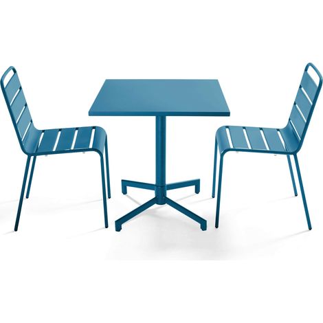 Ensemble table 70 cm et 2 chaises de jardin en métal bleu pacific - Palavas (1/5)