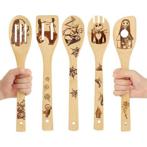 5 Pièces Usiles de Cuisine, Bambou, Spatule, Cuillère, Fourchette, Antiadhésif, Cadeau Noël (1/5)