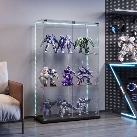 LED-Glasvitrine, 3 Regale, Doppeltüren, Präsentationsschrank für das Wohnzimmer, für Sammlungen, 123 x 78 x 35cm, Schwarz