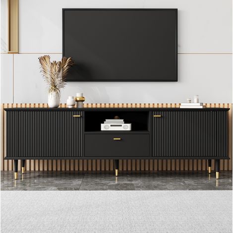 TV-Schrank 170x36x54 cm schwarz aus MDF mit Kabeldurchlässen, Schublade, offenen Fächern und Soft-Close