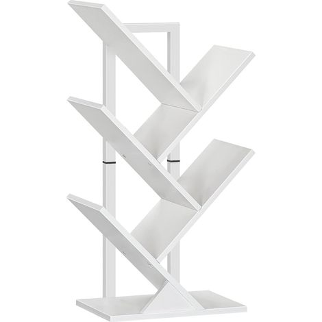 Bibliothèque sur pied en forme d'arbre à 4 niveaux pour le bureau à domicile, rangement de livres, CD, solide et stable, pour le salon, blanche (1/5)