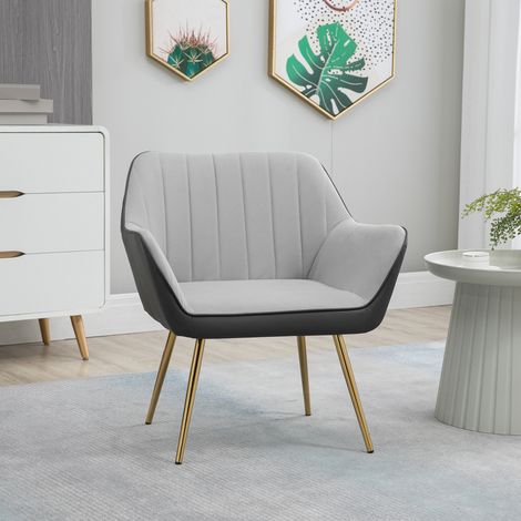 Silla de Cuero Sintético y Terciopelo con Respaldo a Rayas Patas Doradas y Asiento Acolchado para Salón Dormitorio Gris (1/5)